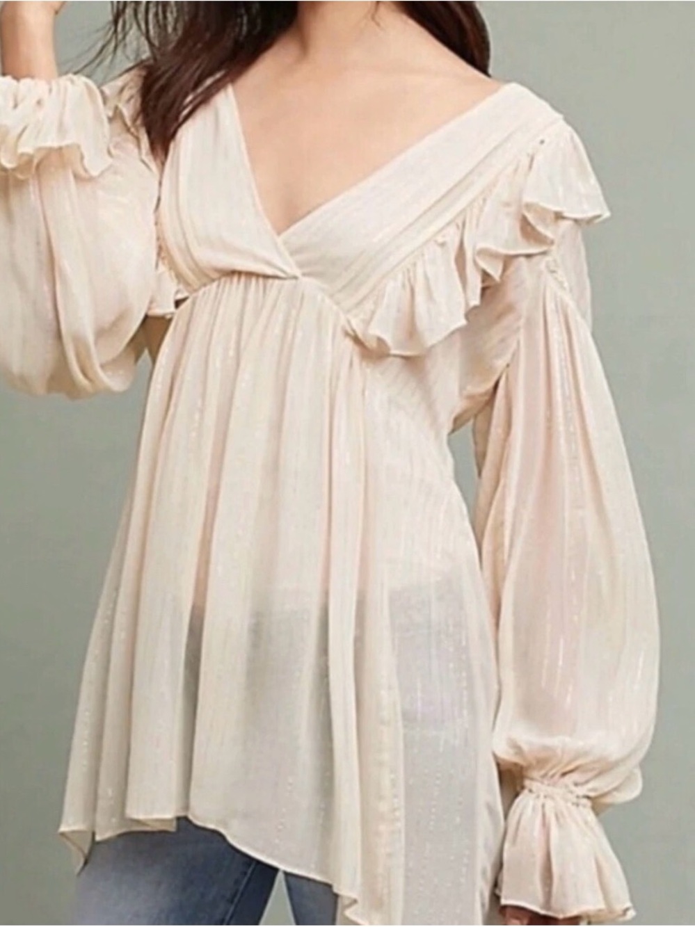 Anthropologie Maeve Wynn Metallic Striped Boho Peasant Flowy Tunic Top Size 2